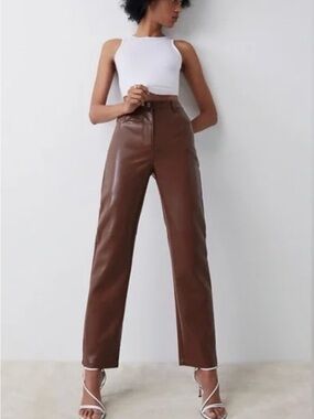 Wilfred Aritzia Melina High-Waist Brown Faux Leather Straight-Leg Pants size 2